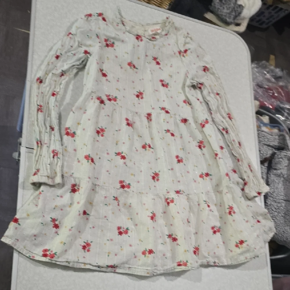 Cat & Jack Cream Red Floral Bishop Long‎  Sleeve Dress Size 7/8